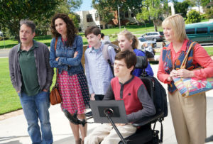 SPEECHLESS- "Pilot" - Maya DiMeo moves her family to a new, upscale school district when she finds the perfect situation for her eldest son, JJ, who has cerebral palsy. While JJ and daughter Dylan are thrilled with the move, middle son Ray is frustrated by the family's tendencies to constantly move, since he feels his needs are second to JJ Soon, Maya realizes it is not the right situation for JJ and attempts to uproot the family again. But JJ connects with Kenneth, the school's groundskeeper, and asks him to step in as a his caregiver, and Ray manages to convince Maya to give the school another chance, on the series premiere "Speechless" WEDNESDAY, SEPTEMBER 21 (8:30-9:00 p.m. EDT), on the ABC Television Network. (ABC/Adam Taylor) JOHN ROSS BOWIE, MINNIE DRIVER, MASON COOK, KYLA KENEDY, MICAH FOWLER, DINA SPYBEY-WATERS